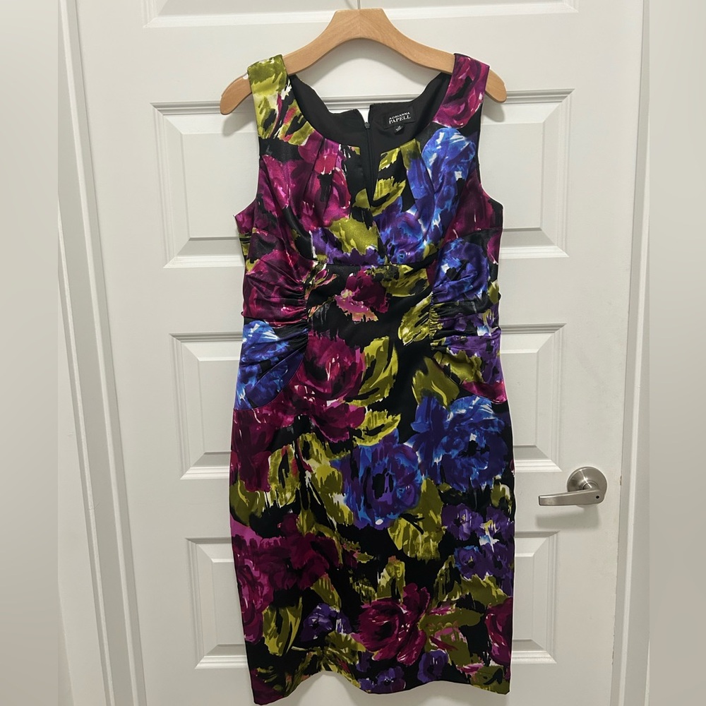 Adrianna Papell Black Floral Midi Dress with Purple, Blue & Olive - Picture 1 of 9